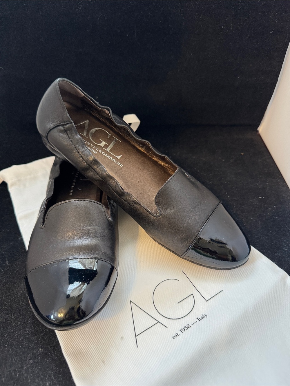 AGL Luxury Black Leather Flats with Patent Toe Cap - Made in Italy